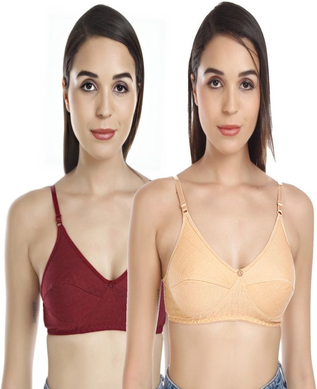 Cotton Lycra Sports bra in Maroon & Skin Color Pack of 2. Women Full Coverage Non Padded Bra  (Multicolor)