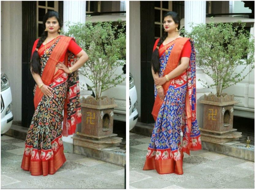 Printed Patola Cotton Blend Saree  (Pack of 2, Blue, Black)