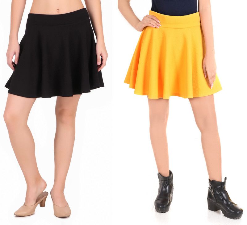 Women Solid Flared Black, Yellow Skirt
