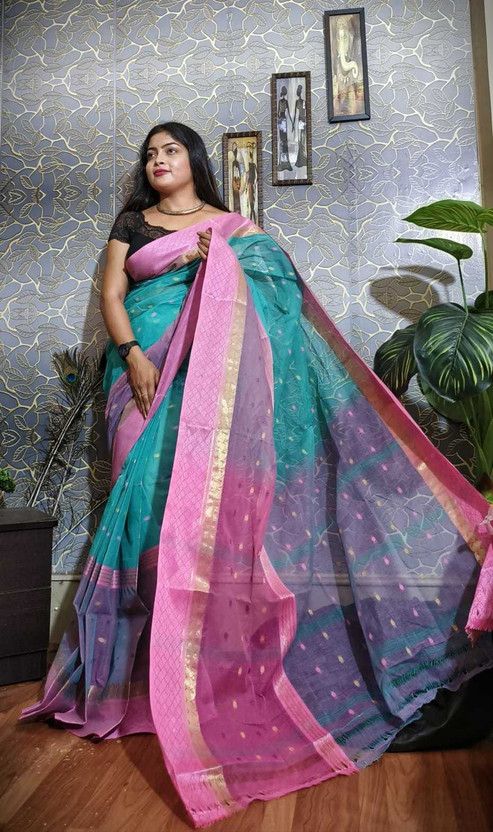 Woven Tant Pure Cotton Saree  (Multicolor, Pink)