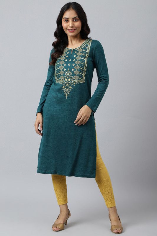 Women Embroidered Acrylic Blend Straight Kurta  (Blue)