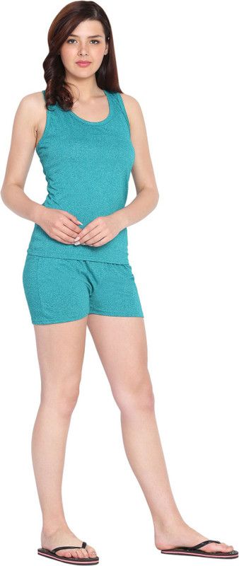 Women Top & Shorts Set Green Solid
