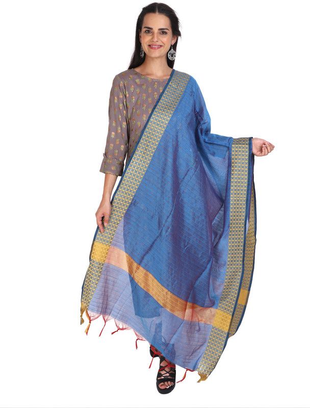 Poly Chanderi Woven Gold, Blue Women Dupatta