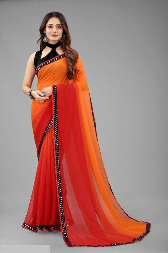 Applique Assam Silk Georgette Saree  (Red)