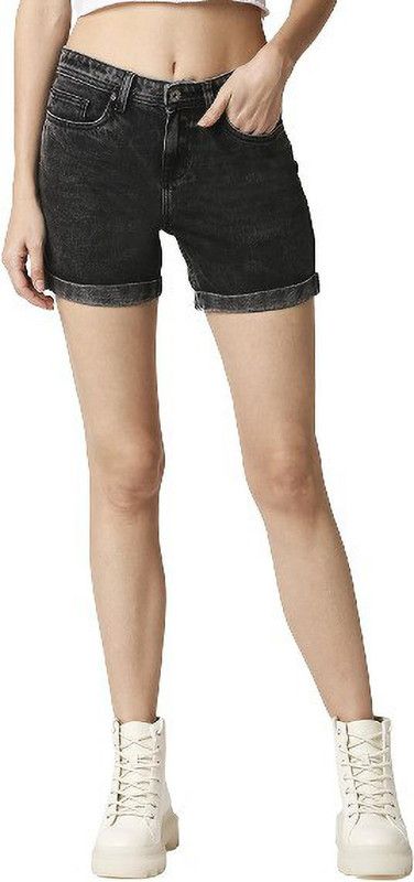 Solid Women Denim Black Denim Shorts