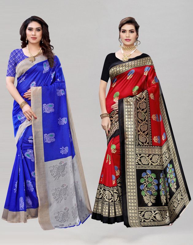 Printed Banarasi Silk Blend Saree  (Pack of 2, Blue, Black)