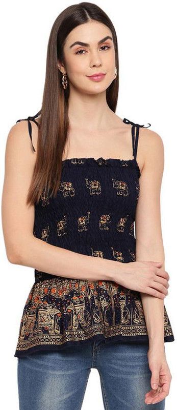 Casual Shoulder Straps Printed Women Dark Blue Top