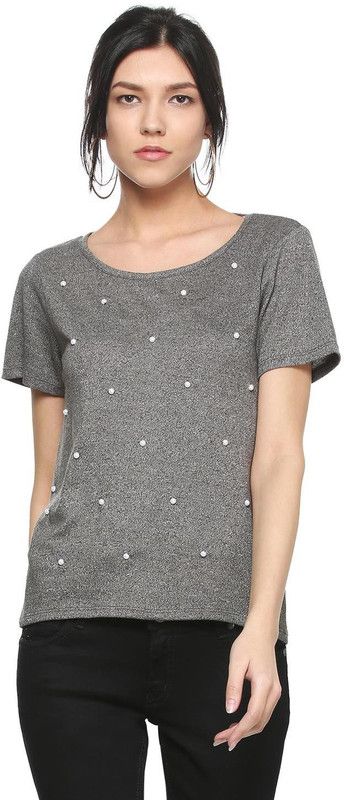 Casual Regular Sleeves Embellished Women Grey Top