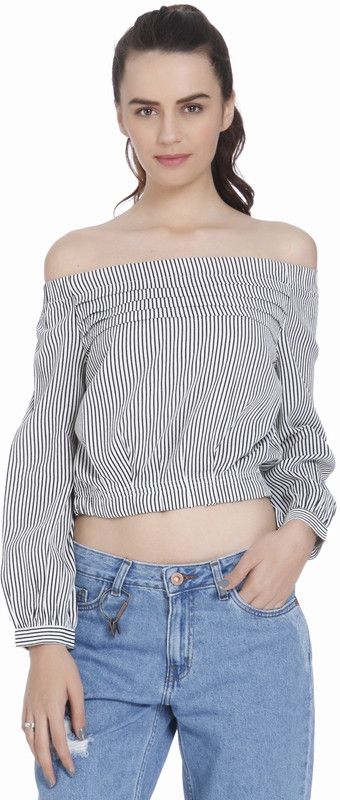 Casual Cuffed Sleeves Striped Women White, Black Top