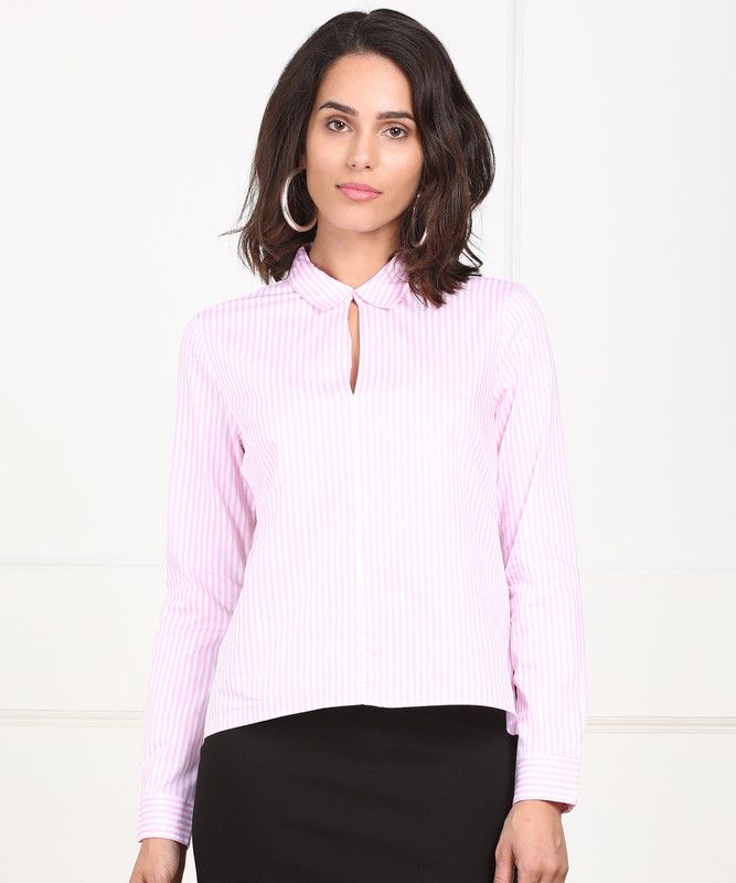 Formal Regular Sleeves Striped Women White, Pink Top