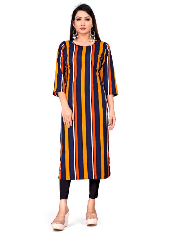 Women Striped Crepe Straight Kurta  (Yellow)