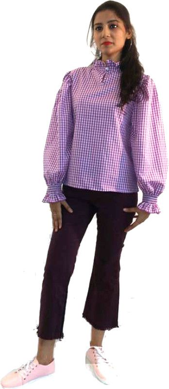 Casual Bishop Sleeve Printed Women Purple Top