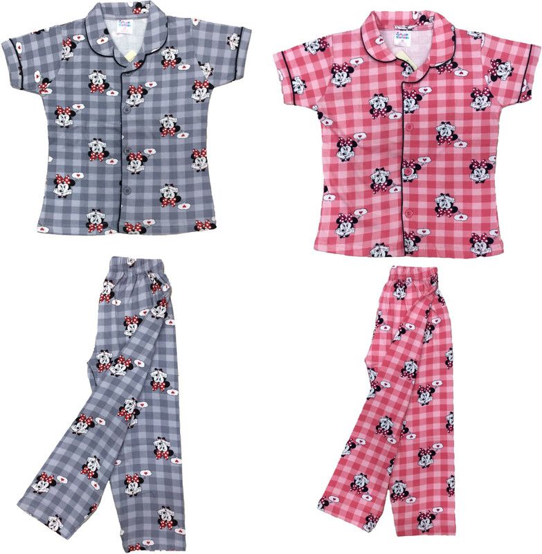Boys & Girls Checkered Pure Cotton Kids Nightwear  (Red Pack of 2)