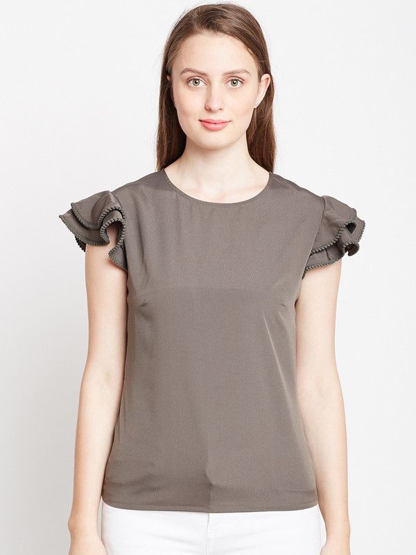 Casual Petal Sleeves Solid Women Grey Top