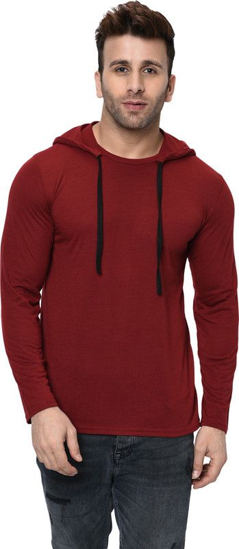 Round Neck Men's Hoodie Men Solid Hooded Neck Cotton Blend Maroon T-Shirt