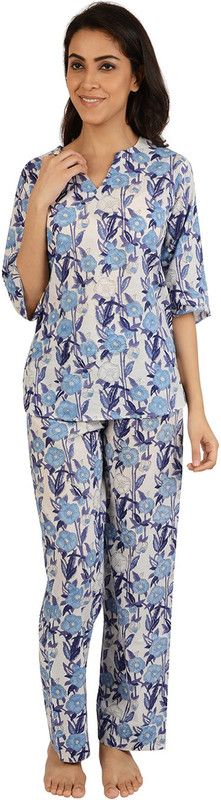 Women Top & Pyjama Set Blue, White Printed