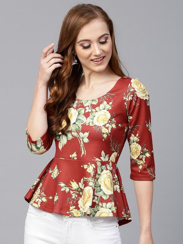 Casual Regular Sleeves Floral Print Women Red, Green, Yellow Top