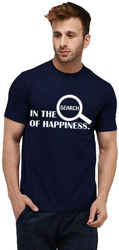 Search Happiness Pattern Men Printed Round Neck Pure Cotton Dark Blue T-Shirt