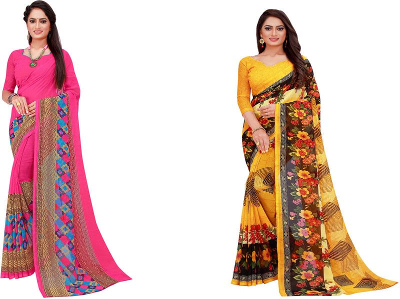 Floral Print Daily Wear Georgette Saree  (Pack of 2, Gold)