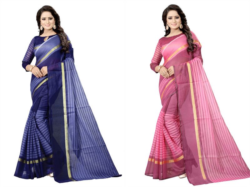 Striped Daily Wear Cotton Silk Saree  (Pack of 2, Dark Blue, Pink)
