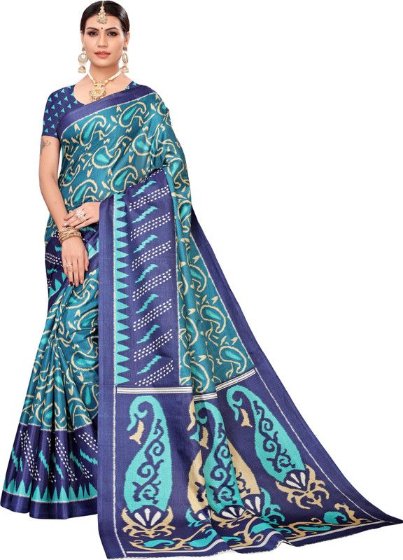 Printed Kalamkari Pure Silk Saree  (Dark Blue)