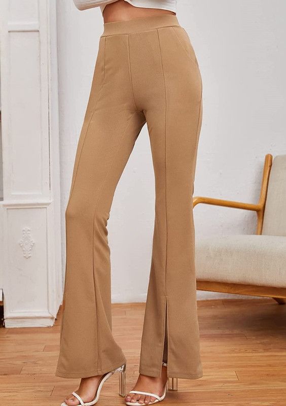 Women Flared Beige Crepe Trousers
