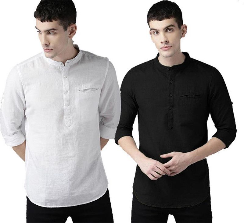 Pack of 2 Men Solid Cotton Blend Straight Kurta  (White, Black)