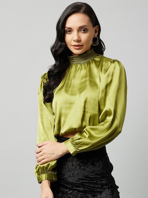 Casual Puff Sleeves Floral Print Women Green Top