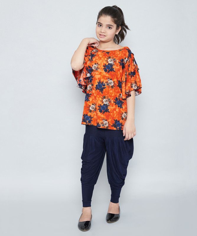 Girls Casual Kurta Dhoti Pant  (Orange)