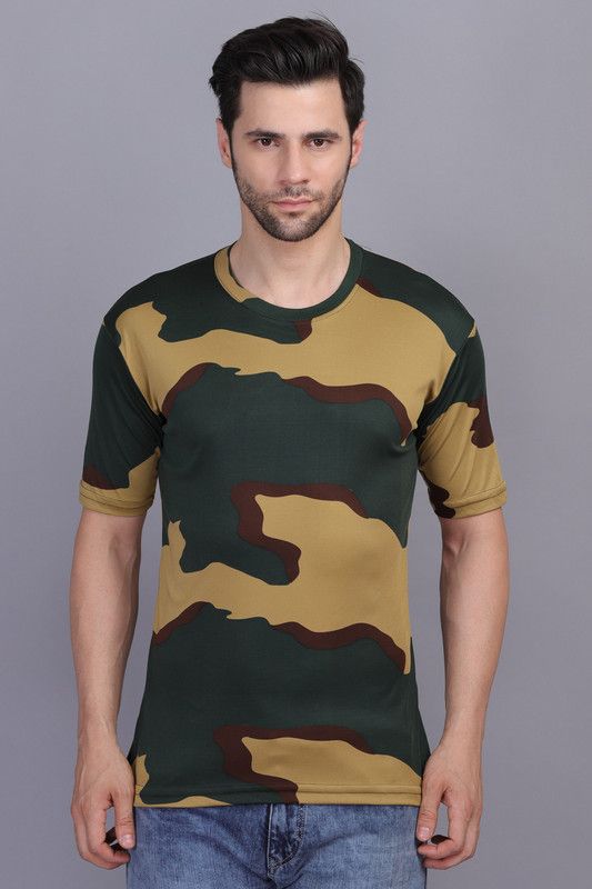 Men Military Camouflage Round Neck Polyester Multicolor T-Shirt