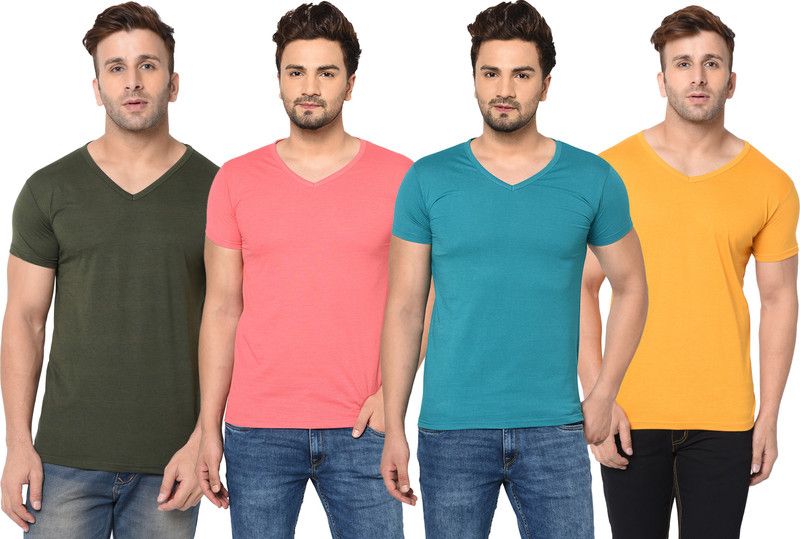 Pack of 4 Men Solid V Neck Cotton Blend Green, Blue, Pink, Yellow T-Shirt