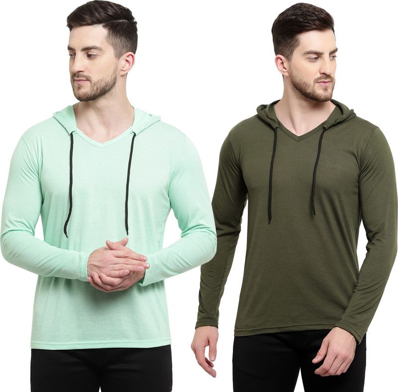 Pack of 2 Men Solid Hooded Neck Cotton Blend Green, Light Green T-Shirt