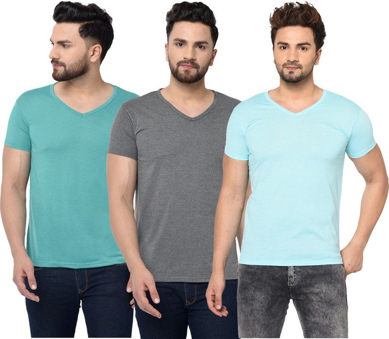 Pack of 3 Men Solid V Neck Cotton Blend Light Blue, Green, Grey T-Shirt