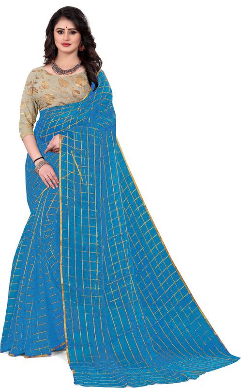 Checkered Daily Wear Chiffon Saree  (Light Blue)