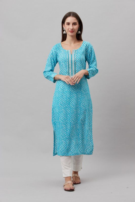 Women Embellished Cotton Blend Straight Kurta  (Blue)