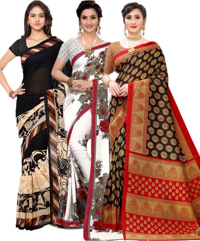 Geometric Print Bollywood Georgette Saree  (Pack of 3, Black, White)