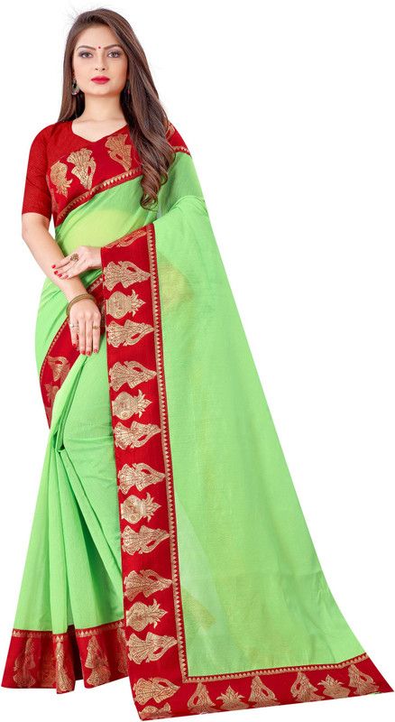 Solid Chanderi Cotton Blend Saree  (Green)