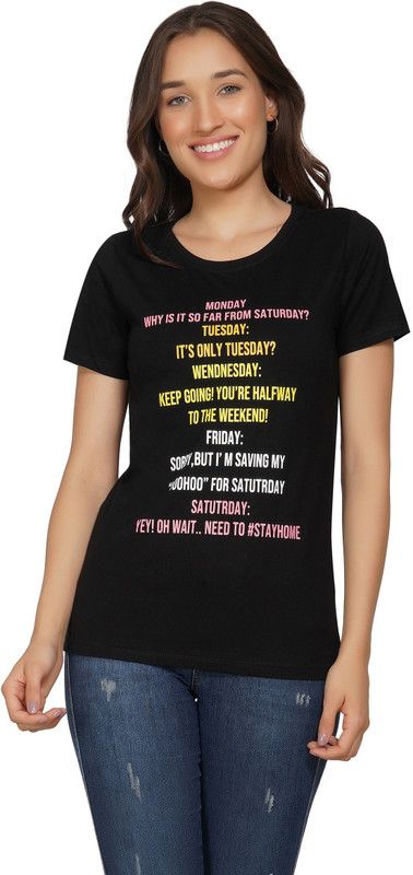 Trendy Cotton Printed Casual T-Shirts Women Stylish Latest Design Half Sleeves Women Printed Round Neck Pure Cotton Black T-Shirt