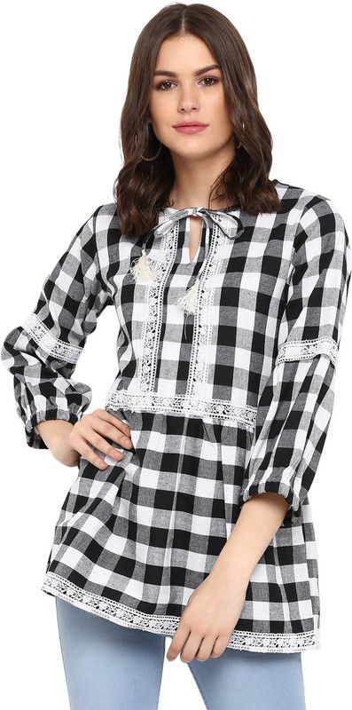 Casual Bishop Sleeve Checkered Women Black Top