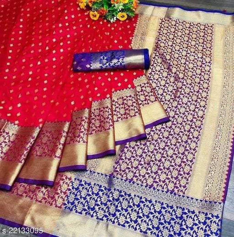 Self Design Banarasi Jacquard Saree  (Red, Blue)