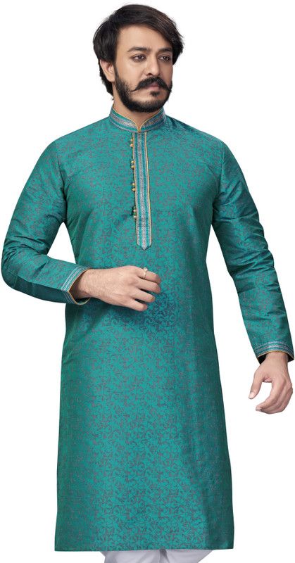 Men Printed Cotton Silk Straight Kurta  (Blue)