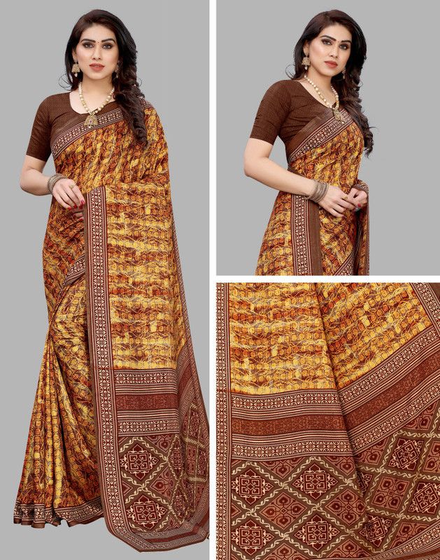 Printed, Geometric Print Daily Wear Cotton Silk Saree  (Brown, Mustard)