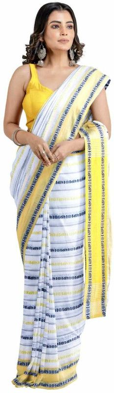 Woven Handloom Cotton Blend Saree  (Yellow)