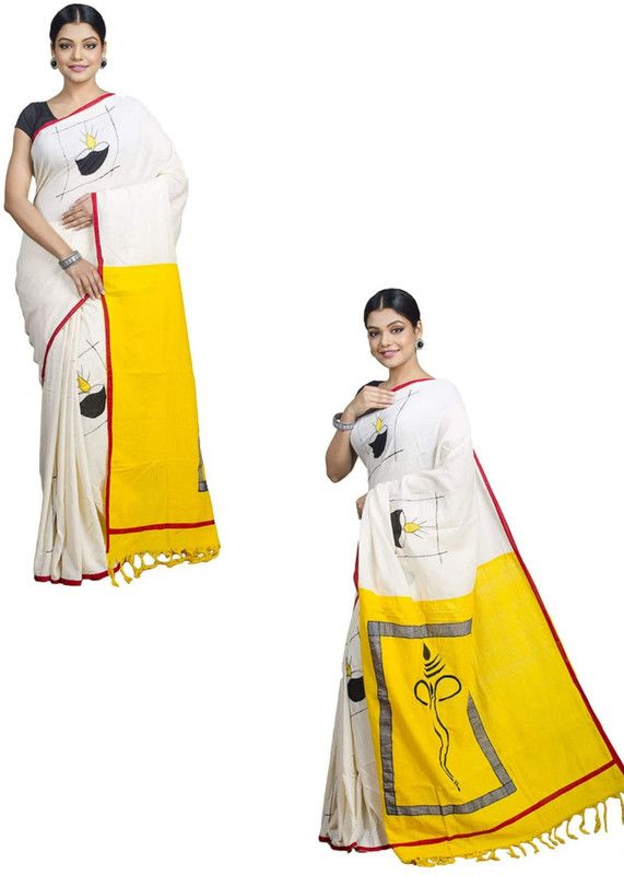 Printed Handloom Pure Cotton Saree  (Pack of 2, White)