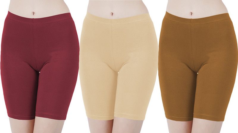 Pack of 3 Solid Women Maroon, Beige, Khaki Cycling Shorts