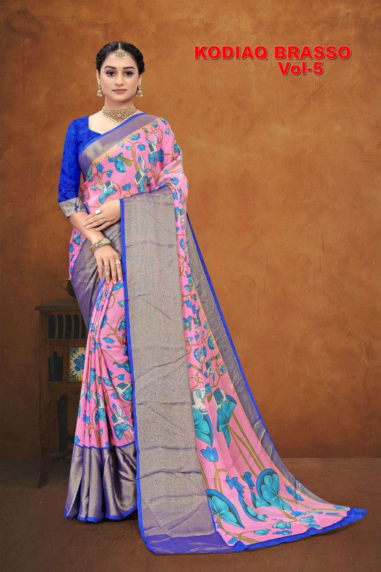 Floral Print Bollywood Brasso Saree  (Blue)
