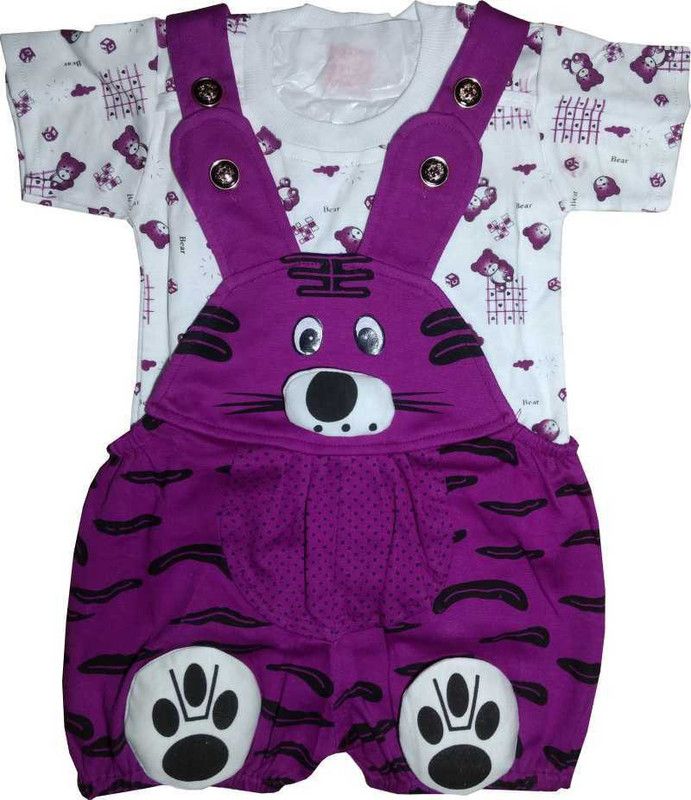 Dungaree For Boys & Girls Printed Hosiery  (Purple, Pack of 1)