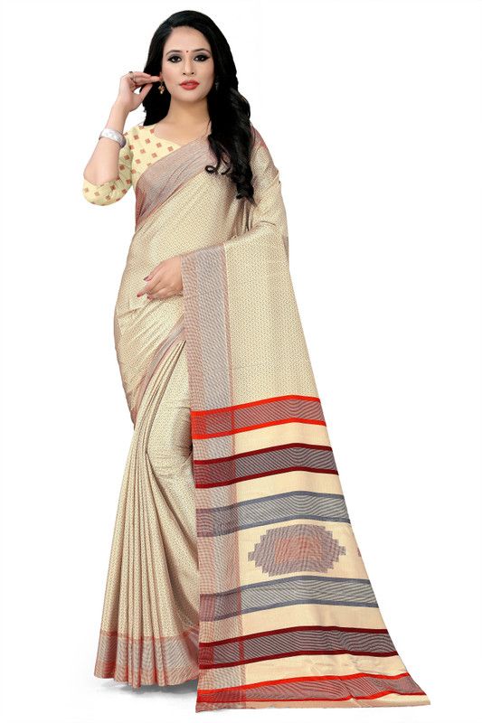 Geometric Print Bollywood Crepe Saree  (Cream)