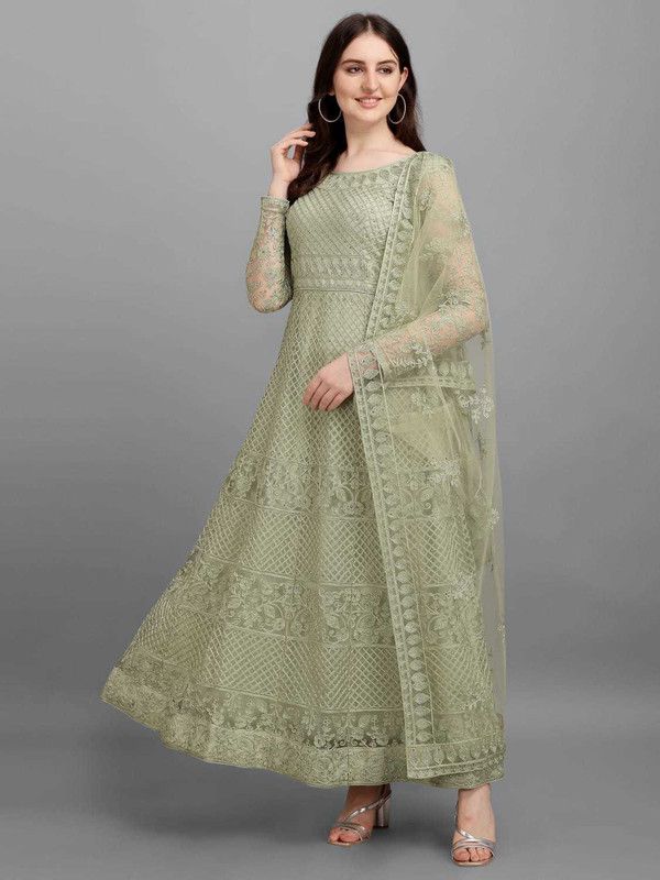 Embroidered Net Semi Stitched Flared/A-line Gown  (Light Green)
