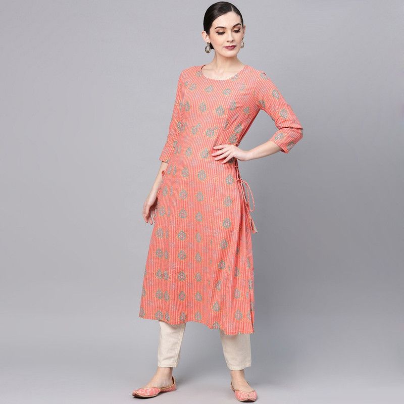 Women Printed Cotton Blend A-line Kurta  (Blue, Pink)